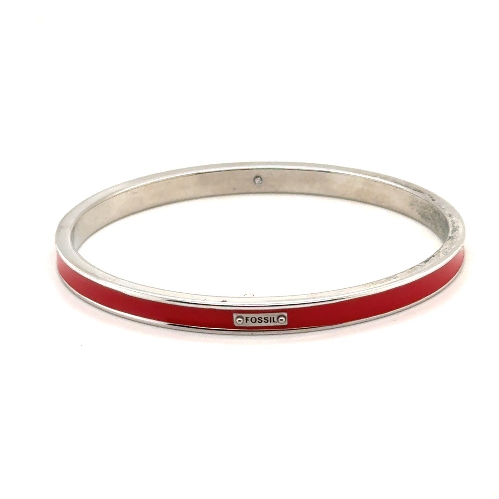 Fossil Womens Silver Tone Red Enamel Bangle Bracelet Logo Plaque Accessory